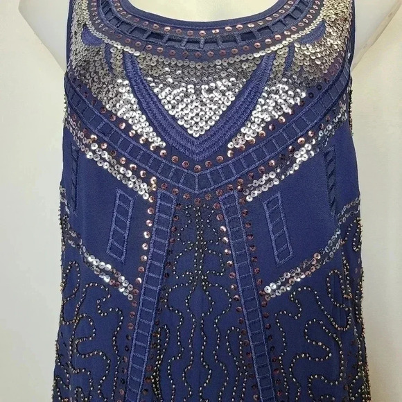 Alga Francescas Navy Blue Silver Bronze Sequin Beaded Art Deco Shift Dress Small - Picture 4 of 14